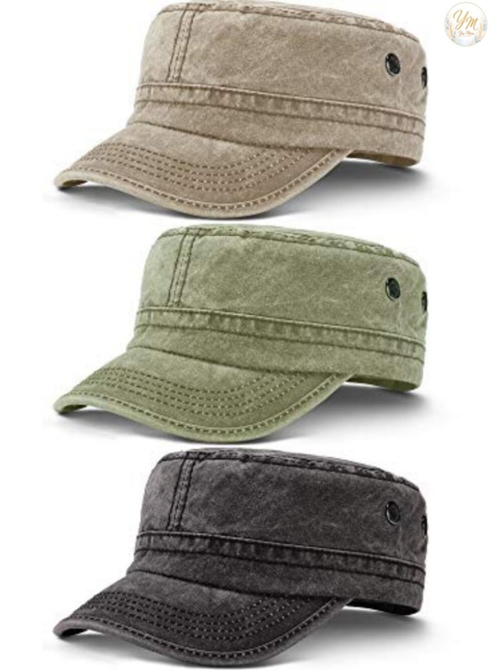3 Pc Cadet Army Caps Flat Top Adjustable Washed Cotton Baseball Hats Unisex